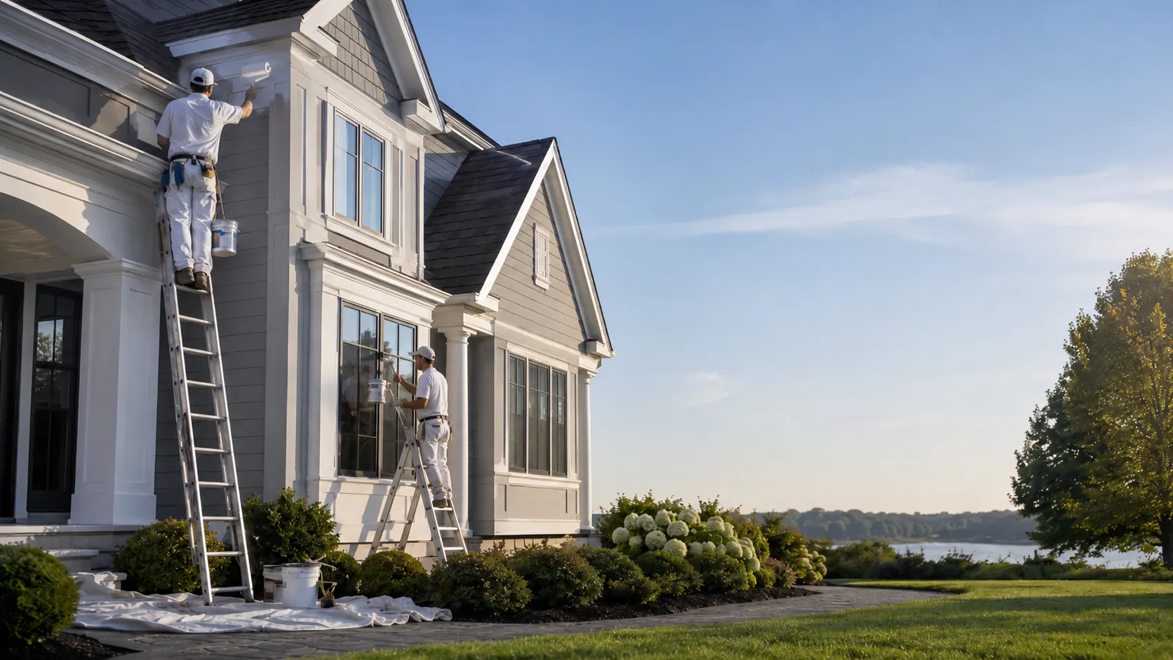 Professional painters on a ladder working on a house exterior beneath an open blue sky